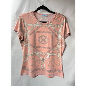 J.McLaughlin Womens Pink Equestrian Scarf Print Short Sleeve Tee Shirt Size L
